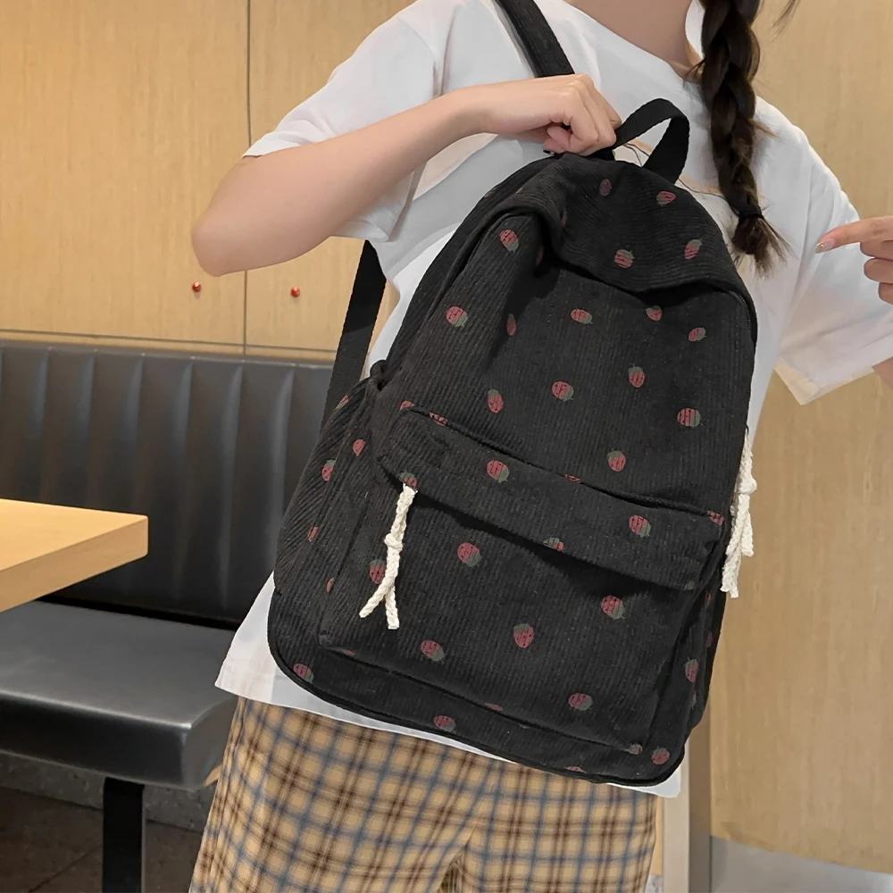 

Retro Versatile Corduroy Backpack for Women, New College Student Cute Strawberry Backpack