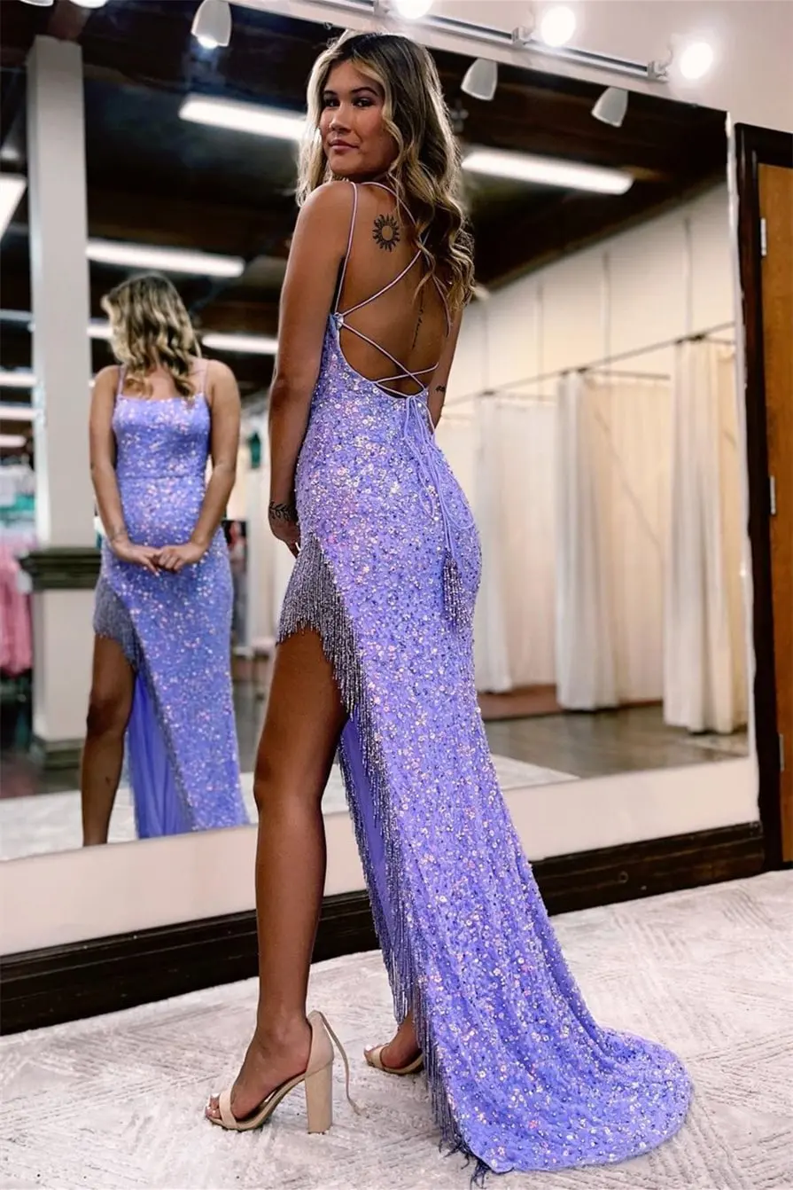 Robe de soirée à Double bretelles Spaghetti, tenue de bal sirène violet clair avec fente pour Occasions formelles