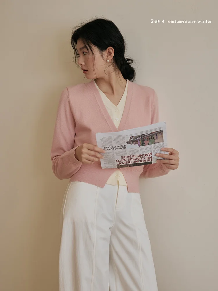 

Eggka V-Ne Knitted Sweater Women's Loose Feelings Fake Two-Piece Sle Long Sve Polyester Fiber Pure Color Commute Sle