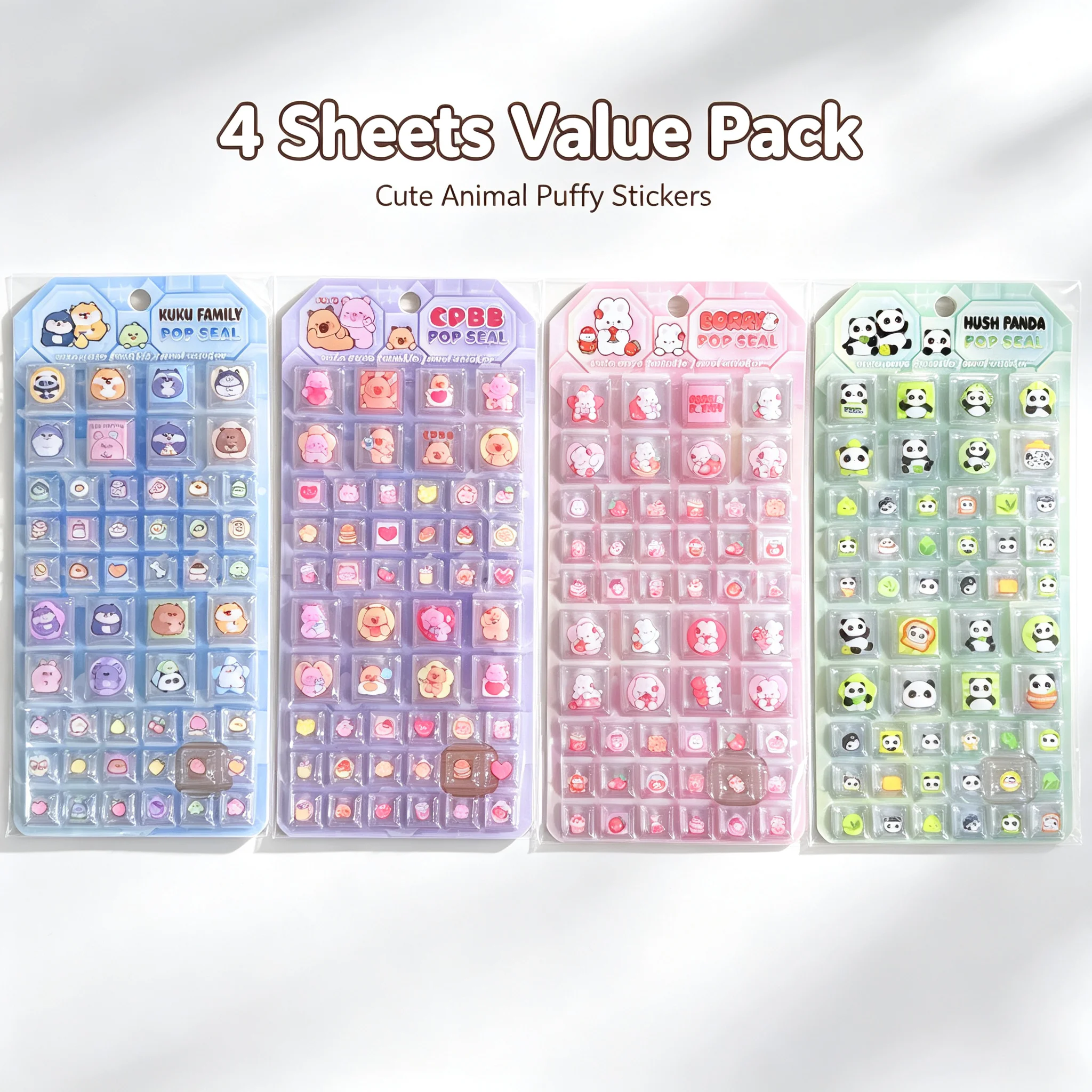 4Sheets Cute Cartoon Animal 3D Mini Square Raised Self-Adhesive Waterproof Decorative Stickers for Journal Scrapbook DIY Crafts