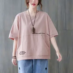 98% Cotton T Shirts Women Fashion Embroidery Literary Oversized T-shirt Casual Loose Short Sleeve Pullover Pocket Tshirt Summer