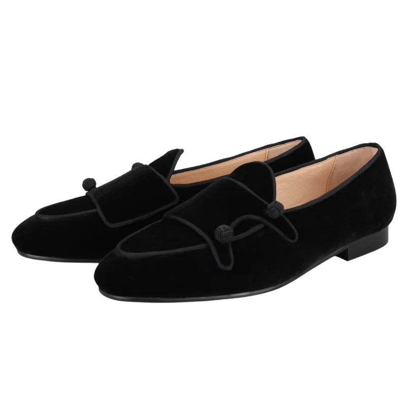 Piergitar Black Velvet Double-Monk Belgian Loafers With Silk Buttons Handcrafted In GuangZhou New Chinese Style Slip-On Men Shoe