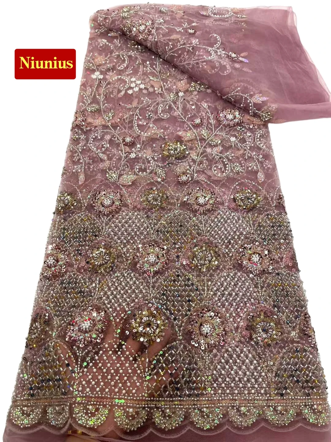 

2026Luxurious Soft Beaded Lace Fabric with Stones Elegant Mixed colors High-Quality Tube Lace for Wedding&Evening Dress NN8653_R