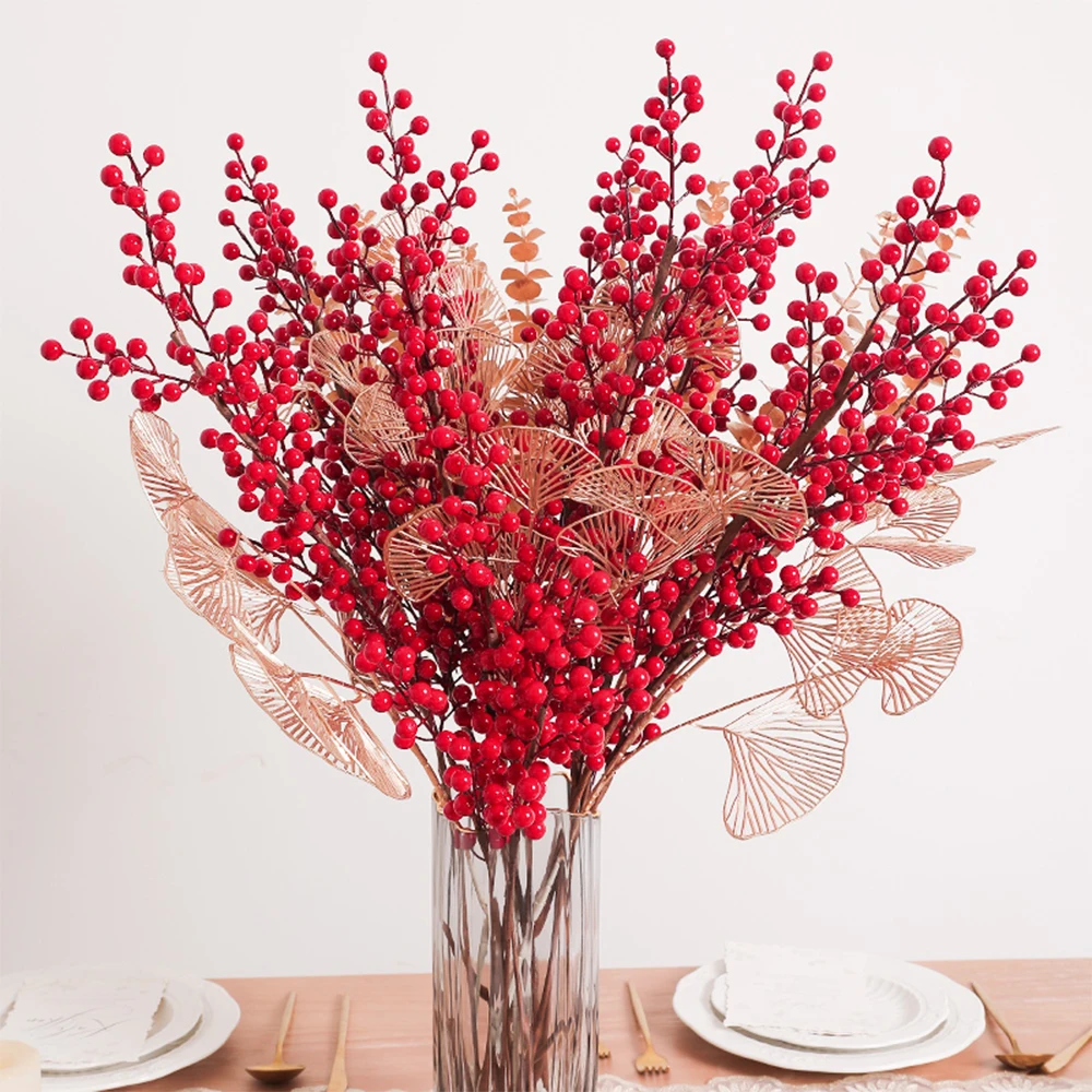 48cm-76cm Künstlicher Weihnachtszweig mit Roten Früchten, Kunsttannenbeeren, Kunstpflanzen für Heimdekoration, Erntefest und Weihnachten – Detail 5