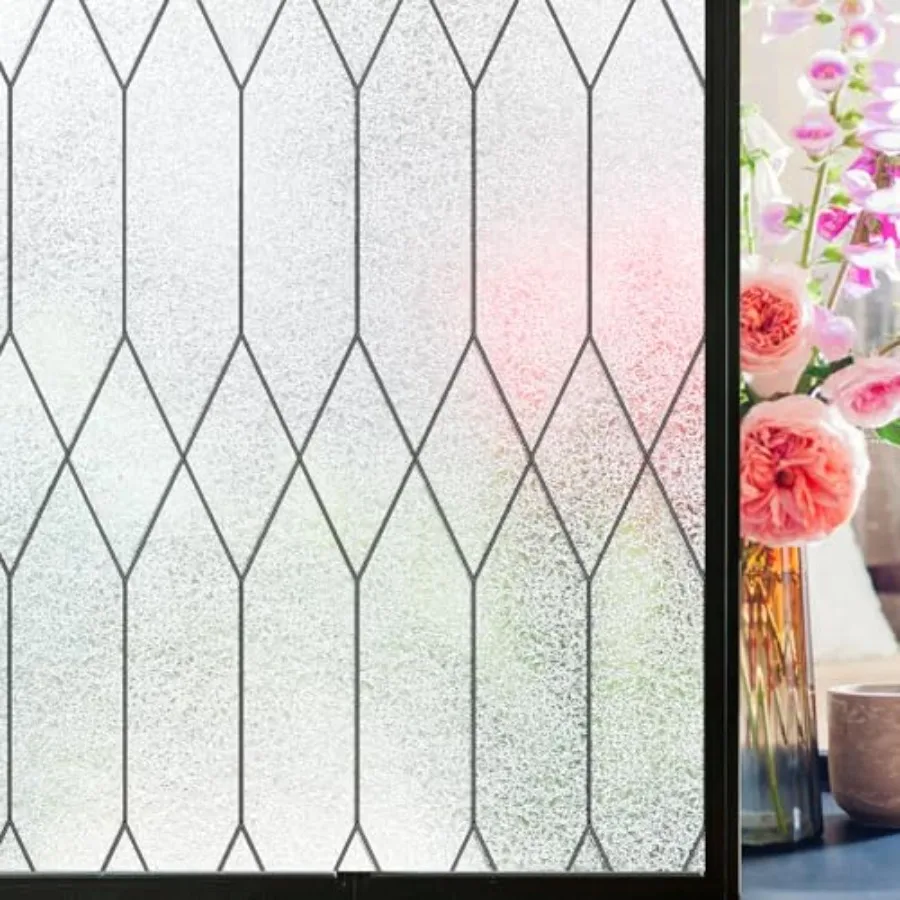 

Wdow Privacy Film Staed Glass Static Clgs, Bathroom Frosted Leaded Decorative Wdow Stickers, UV Heat Blocking Opaque Removable