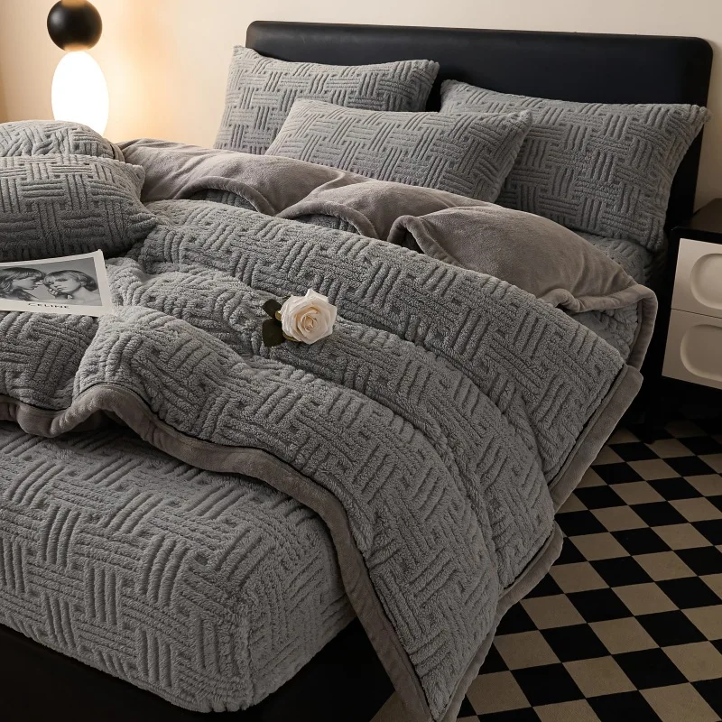 

Warm Milk Fleece Single Quilt Cover Solid Color Thickened Cozy Winter Bedding Soft Plush Bed Cover Home Use Pillowcase Option