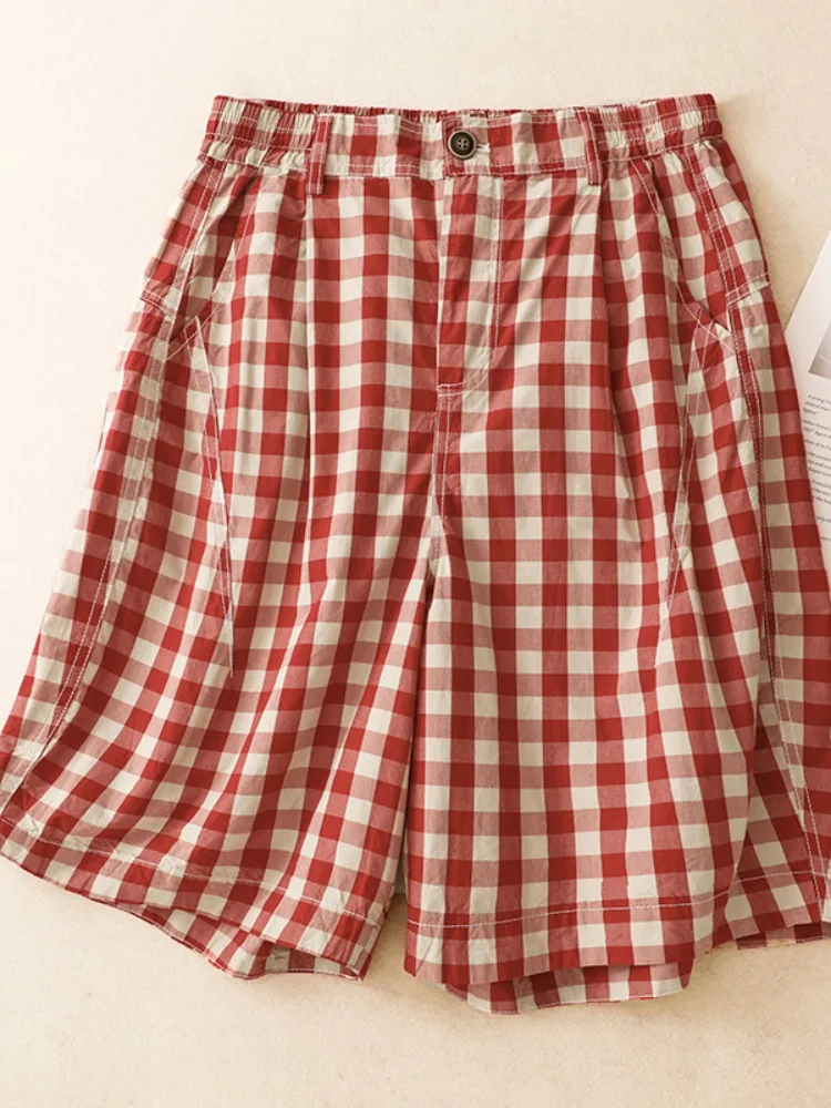 

Хлопковые клетчатые женские летние тонкие повседневные брюки с высокой талией и широкими штанинами, удобные дышащие красные брюки свободного покроя