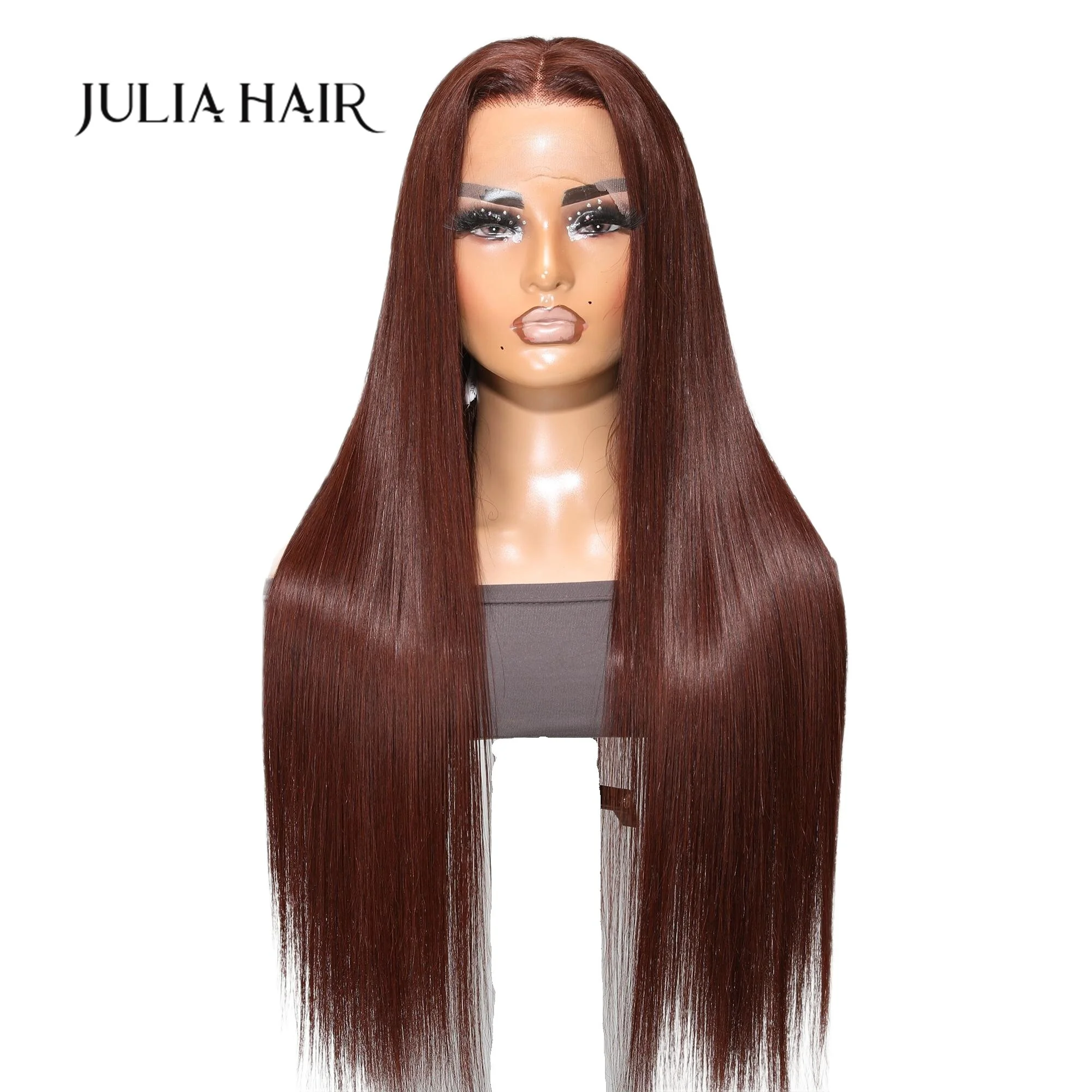 Julia Hair 13x4 Lace Front Chocolate Rich Brown Straight Wig Human Hair Auburn Red Hair Wig Pre Pluck With Baby Hair For Women