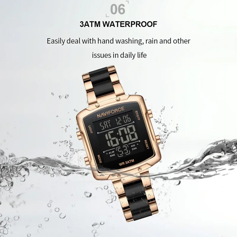 

NAVIFORCE женские повседневные цифровые часы с ЖК-подсветкой, секундомер, будильник, дисплей времени, 3 атм, водонепроницаемые женские элегантные часы