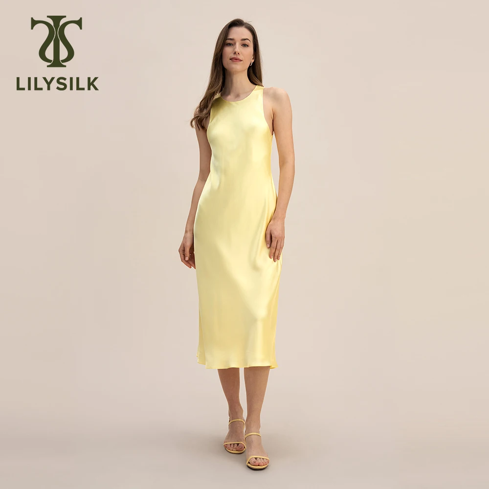 LILYSILK Undryed Silk Dress for Women 2023 New 22 Momme Golden Cocoon Crewneck Tank Skinny Robe Party Clothing Free Shipping