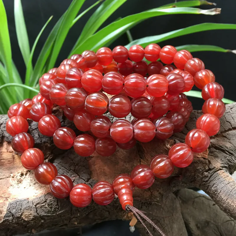 Natural Red Jade Pumpkin Bead Bracelet Men Women Southern Red Agate 108 Bead Mala Rosary Bracelets Buddhism Amulet Necklaces