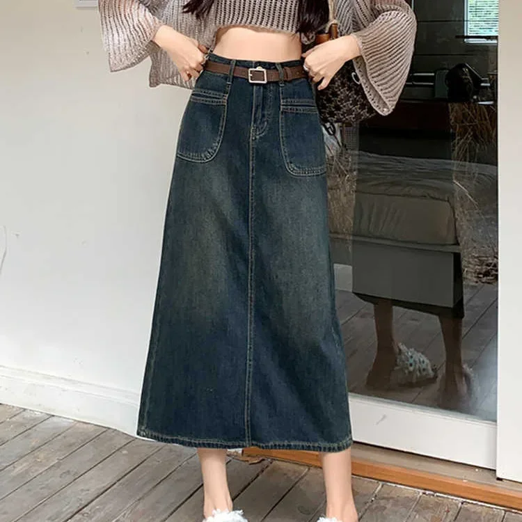 

High Waist A- Line Denim Skirt for Women Spring Summer New Style Vintage Slimming Split Mid-Length Half Skirt Polyester Fiber