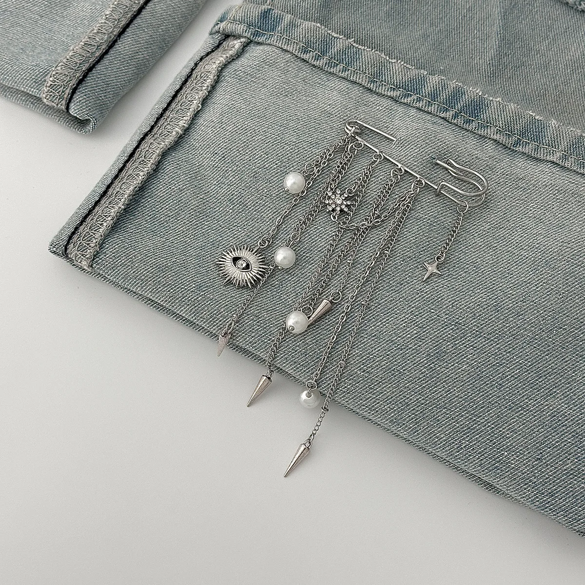 Fashion Evil Eye Pearl Brooch Detachable Tassel Fixed Clothes Pin Waist Buckle Button Clasps Trouser Leg Decorative image 5