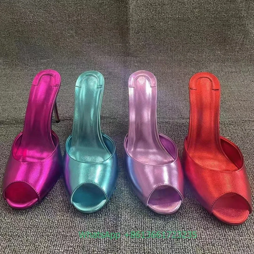 Genuine Leather Peep Toe Thin Heel Women Slippers Solid Summer Fashion Sandals Slip-On Shallow Patent Leather Shiny Sandals