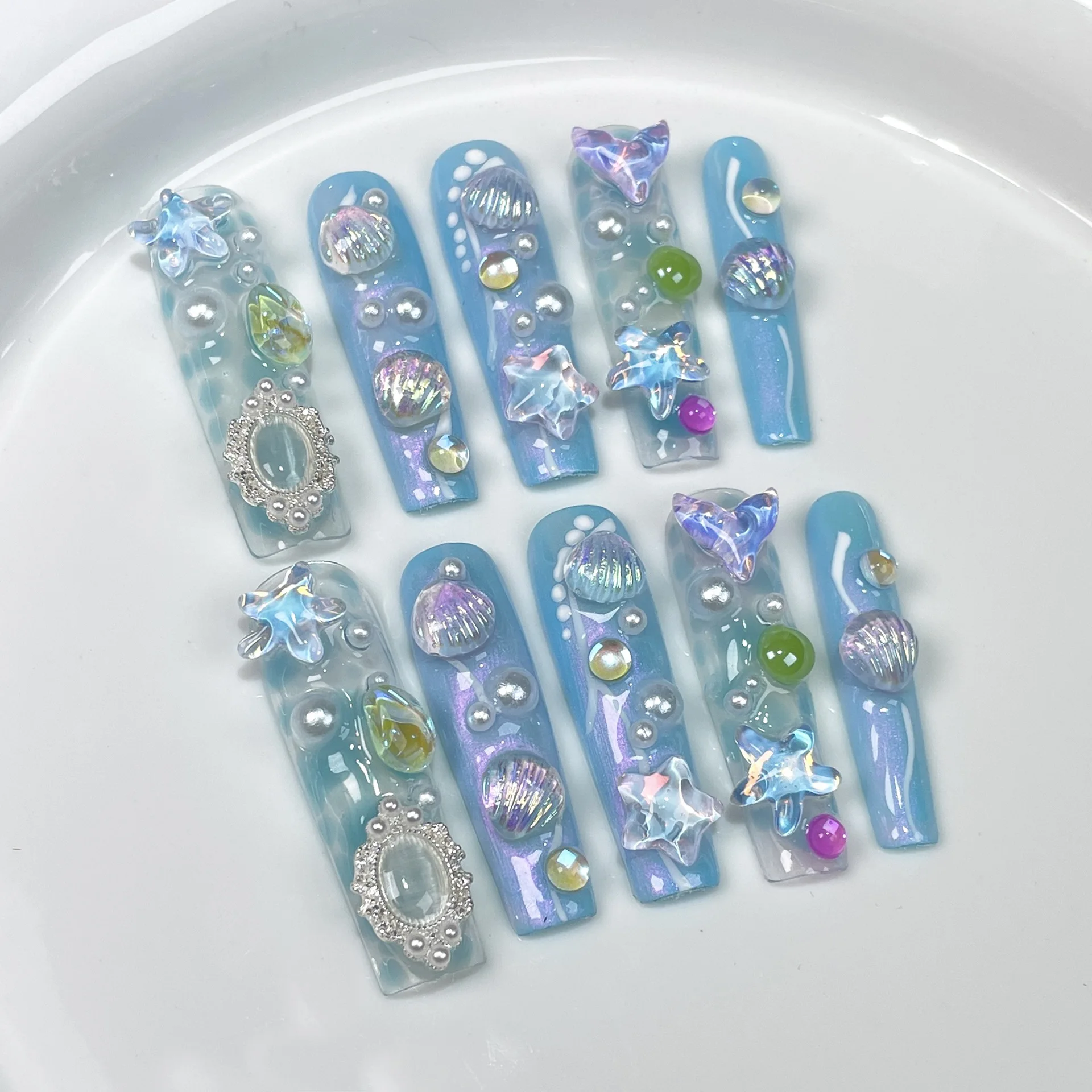 

10pcs Blue Ocean Fake Nails Long Coffin Handmade Press On Nail With 3D Shell Starfish Decor Wearable Aurora Manicure For Women