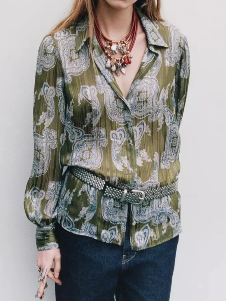 

ZBZA Women Loose Printed Blouse Lapel Single-breasted Tie Cuffs Metallic Color Thread Loose Hem Shirt Spring Summer New Chic Top