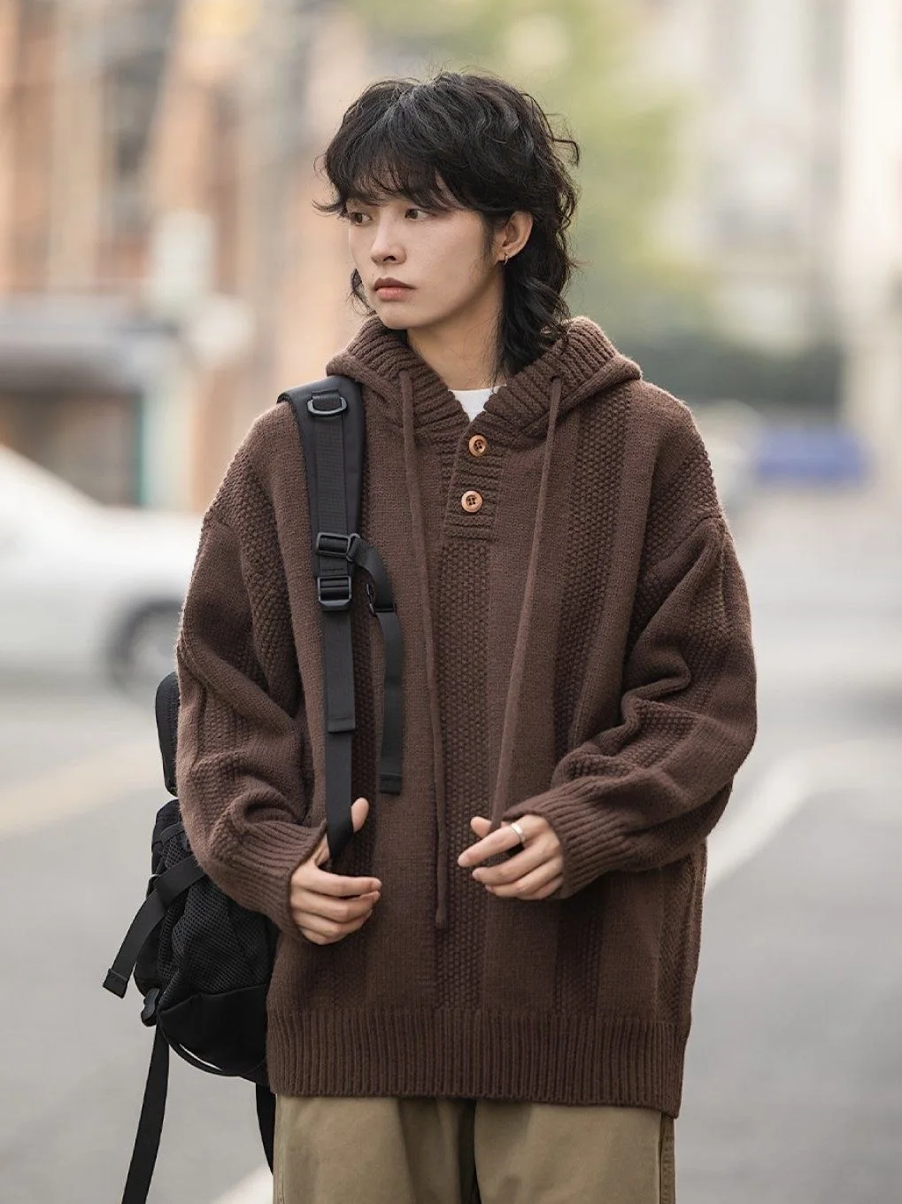 

Ретро-японский свободный вязаный худи-кардиган, повседневный свитер-пальто, парные топы, модный однотонный кардиган на пуговицах