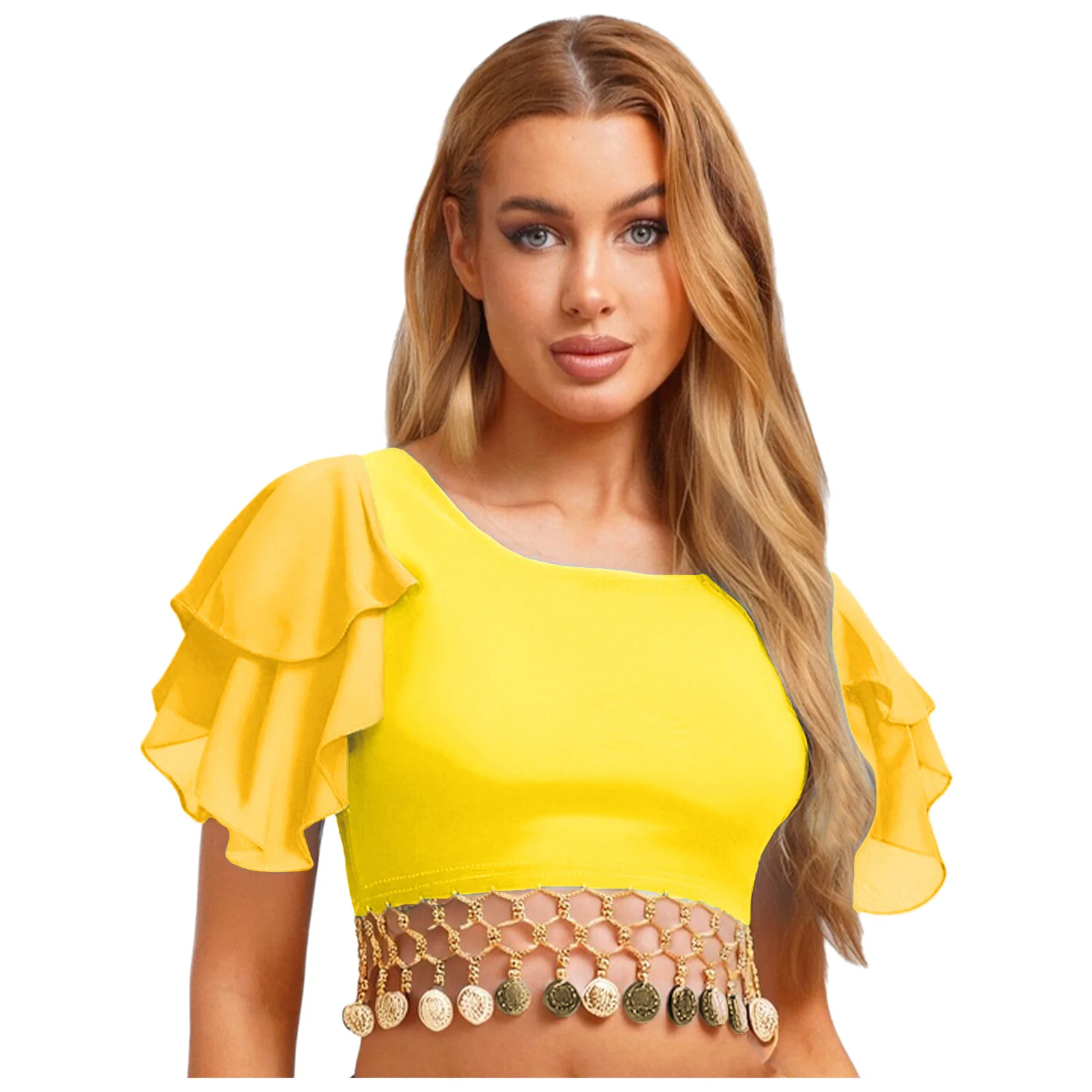 

Women Belly Dance Crop Top Tiered Lotus Sleeve Gold Tassel Pullover Blouses Crop T-shirt for Ethnic Dance Stage Performance Tops