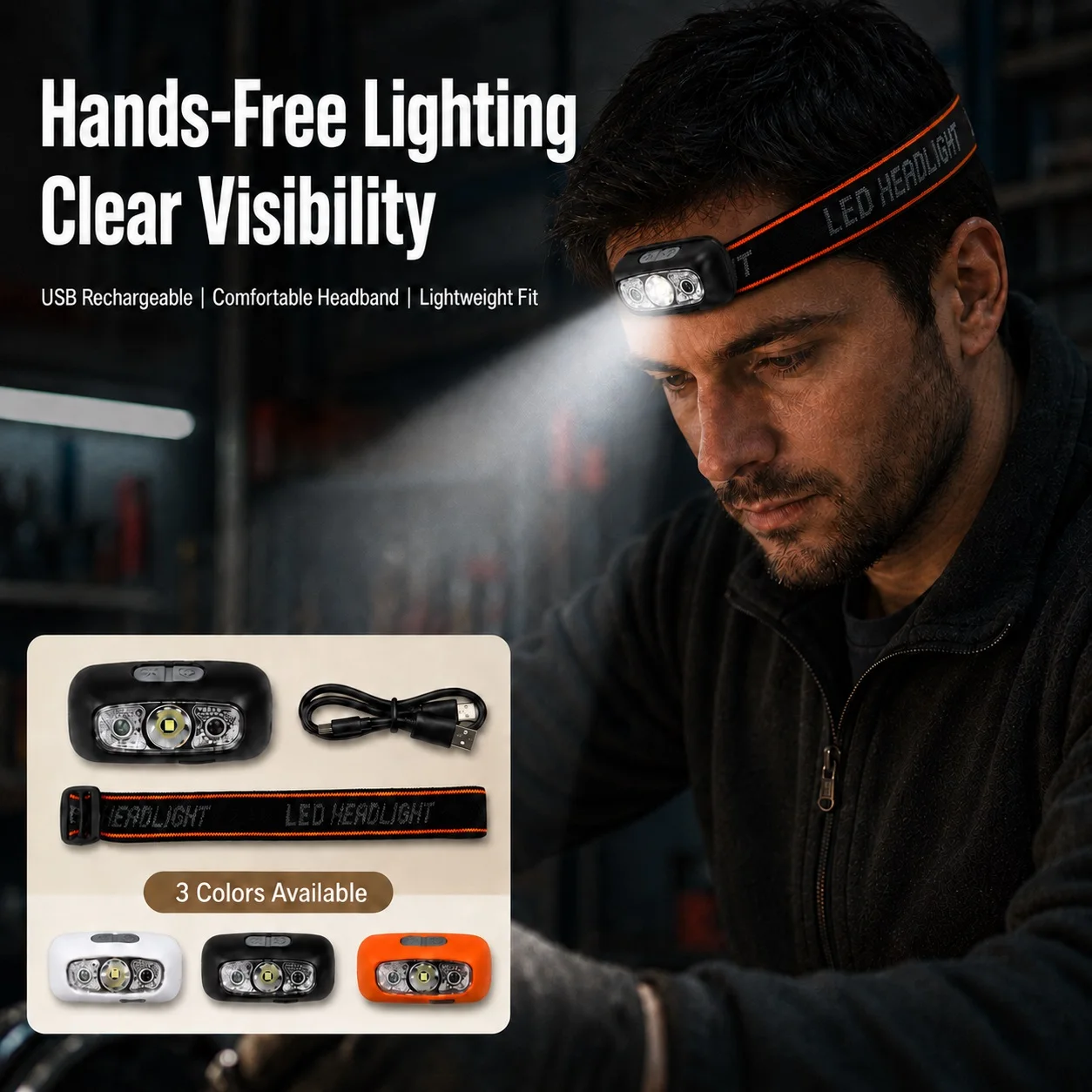 USB Rechargeable Headlamp, Rechargeable Led Head-Mounted Flashlight, Lightweight and Compact with Strong Light for Night Fishing, Camping, Running, Home Repairs, Dual-Button Multi-Level Dimming, Adjustable Headband, Comes with USB Cable, Available in Three Colors