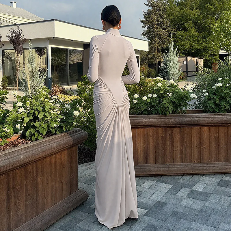 Blifanbo 우아한 터틀넥 가을 맥시 드레스 여성 하이 웨이스트 셔링 바디콘 긴 소매 섹시 클럽 파티 이브닝 드레스 패션