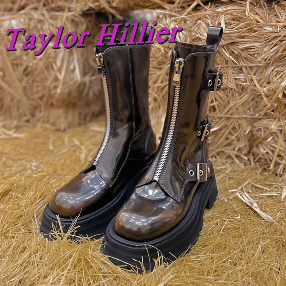 Brown Metal Zipper Boots Round Toe Square Heel women Fashion Height Increasing Mid-Calf Patent Leather 2024 Autumn Winter Shoes