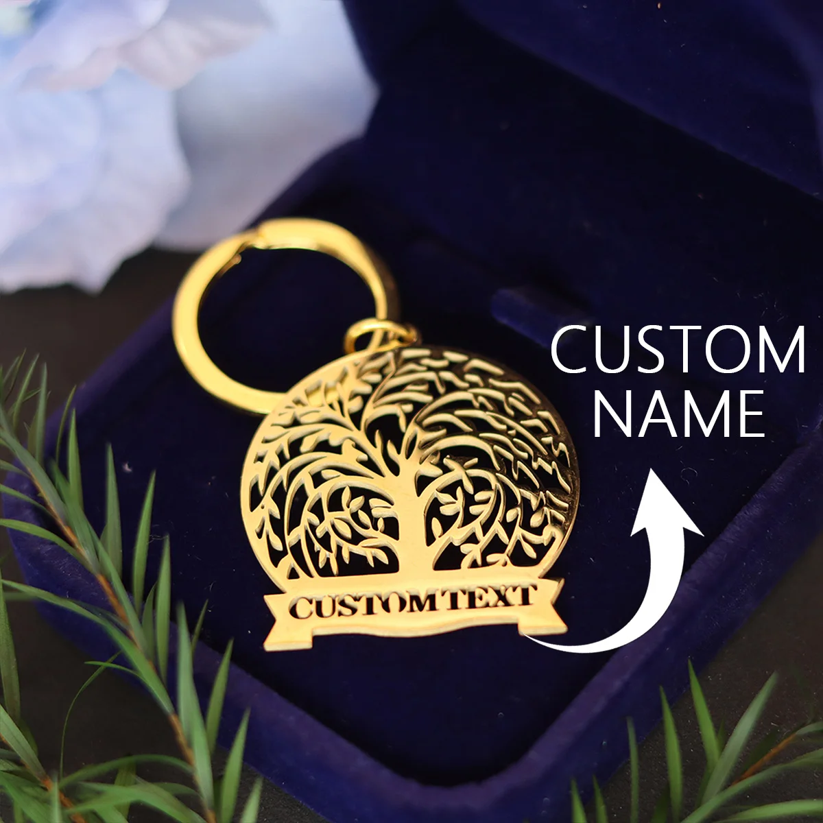 QIAMNI Laser Engraved Letter Tree Branch Keychain Stainless Steel Boho Chic Custom Name Plant Keyring Bag Car Accessories Gift