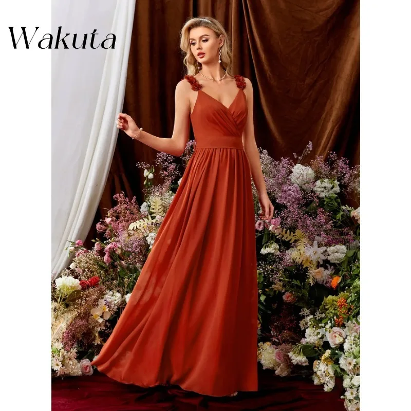 

Wakuta Elegant V-neck Sleeveless 3D Flower Shoulder Strap Gowns Backless Cross Fold Cocktail Ball Bridesmaid Vestidos De Fiesta