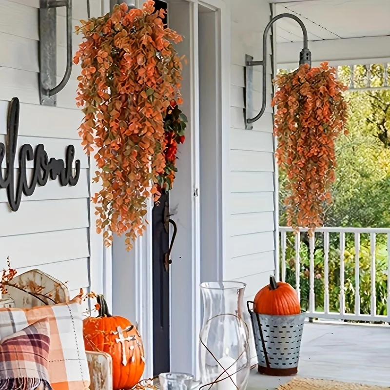 نباتات الخريف الاصطناعية المعلقة في الهواء الطلق، كروم الأوكالبتوس بوعاء مناسبة لتزيين الخريف، وعيد الشكر، والهالوين