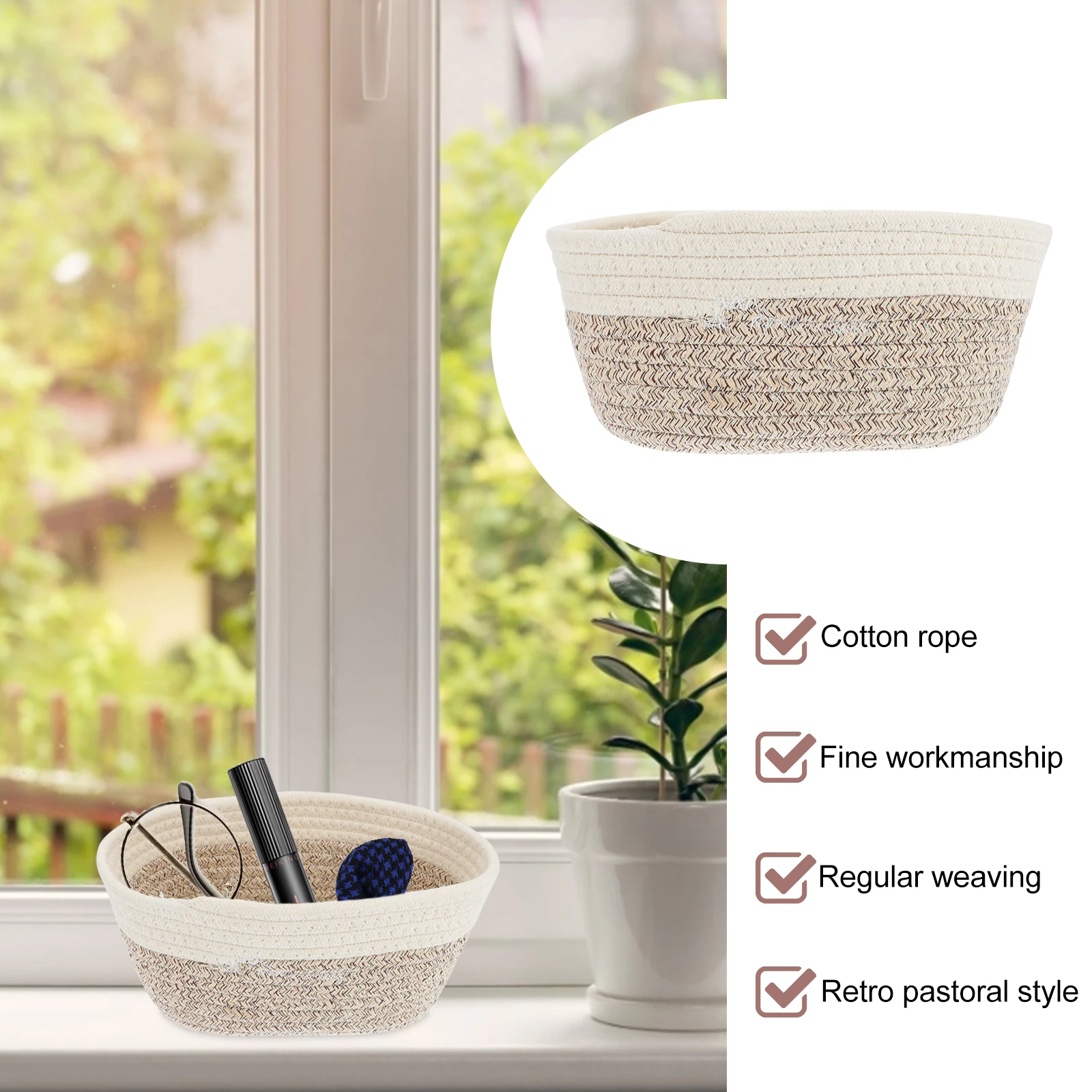 

Creative Woven Storage Basket Imitated Rattan Snacks Cosmetics Organizer Desktop Bathroom Bedroom Cotton Rope Basket Home