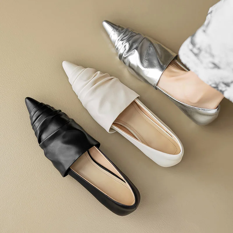 

Phoentin lady pointed toe design pleated low heels elegant women's soft cozy shoes Genuine leather slip-on silver Pumps FT3189