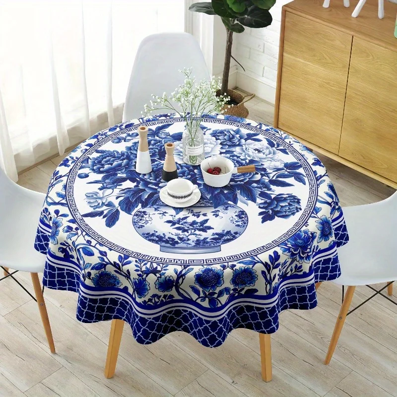 1 piece Bohemian blue and white floral print round tablecloth, classic Chinese porcelain design