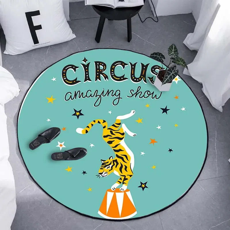 

Круглый ковер с мультяшным животным принтом, моющийся, для гостиной, противоскользящий, для кемпинга, пикника, йоги, для ползания младенцев, декор для спальни
