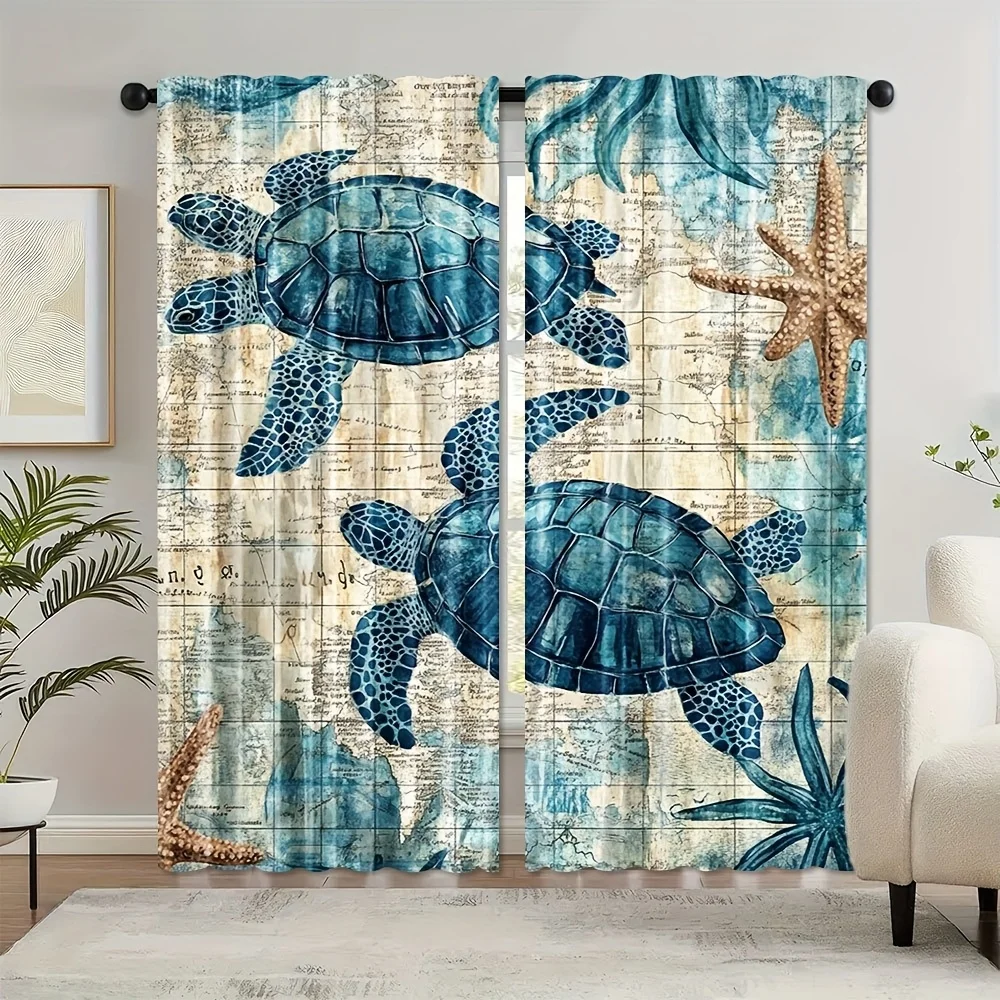 2pcs, Nautical Green Sea Turtle Curtains, Beach Theme Fabric Set with Blue Ocean Design, Ideal for Enhancing Coastal and Beach