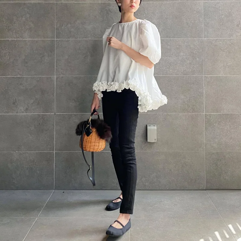 O-neck Bubble Sleeve Solid Blouse Women Irregular Fungus Loose Casual Shirts Tops Japanese Elegant Chic Blusas Mujer 2024 Summer