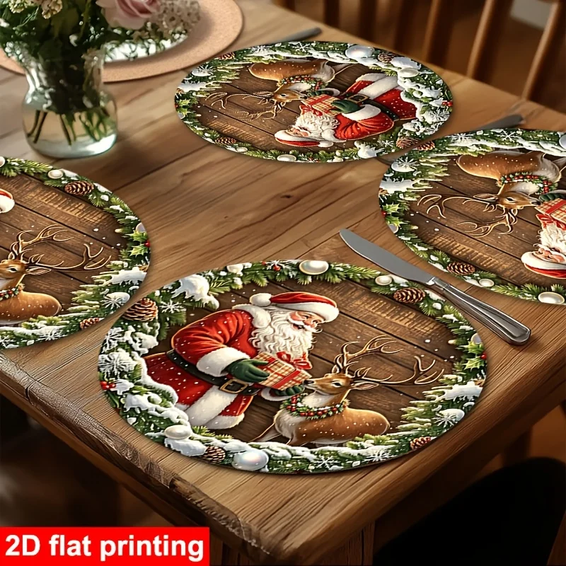 VIKAMA Santa Snowy Wreath Reindeer Round Placemat, Non Slip Washable Heat Resistant Dinner Mat, Christmas Holiday Kitchen Decor