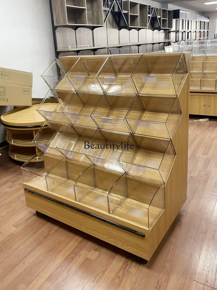 2Supermarket Wooden Four-Layer Scattered Snack Cabinet Bulk Leisure Food Shelf round Display Cabinet