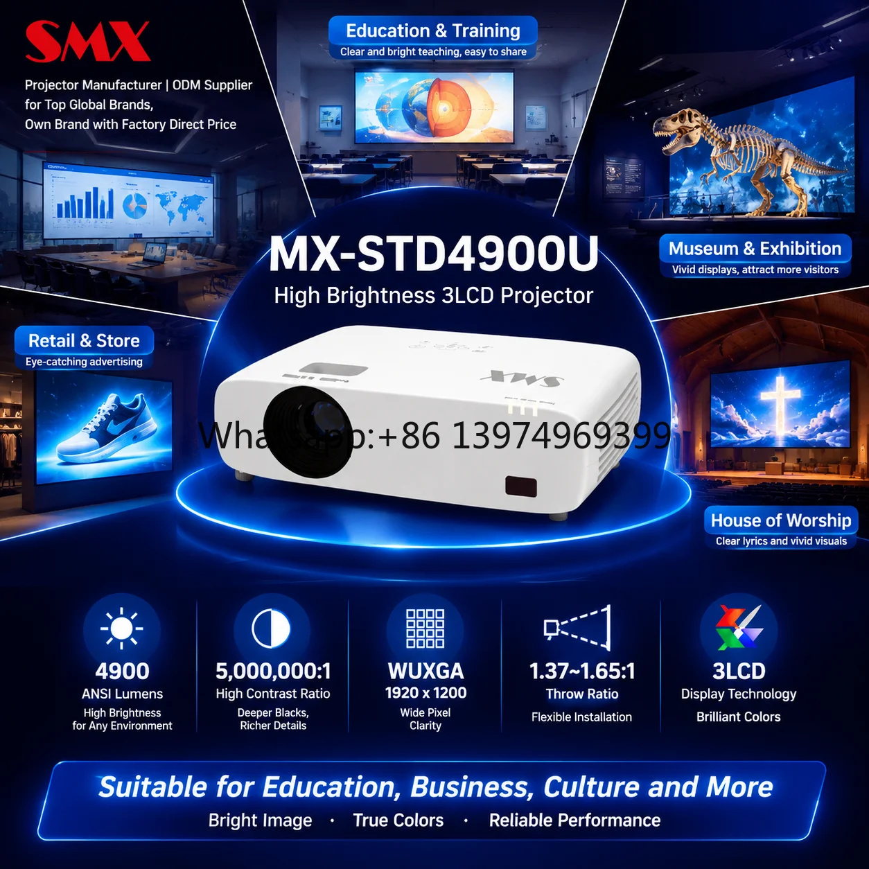 High Brightness 3LCD Laser Projector Standard Throw 4900 ANSI Lumen 300 Inches Screen Immersive Floor Interactive Projection