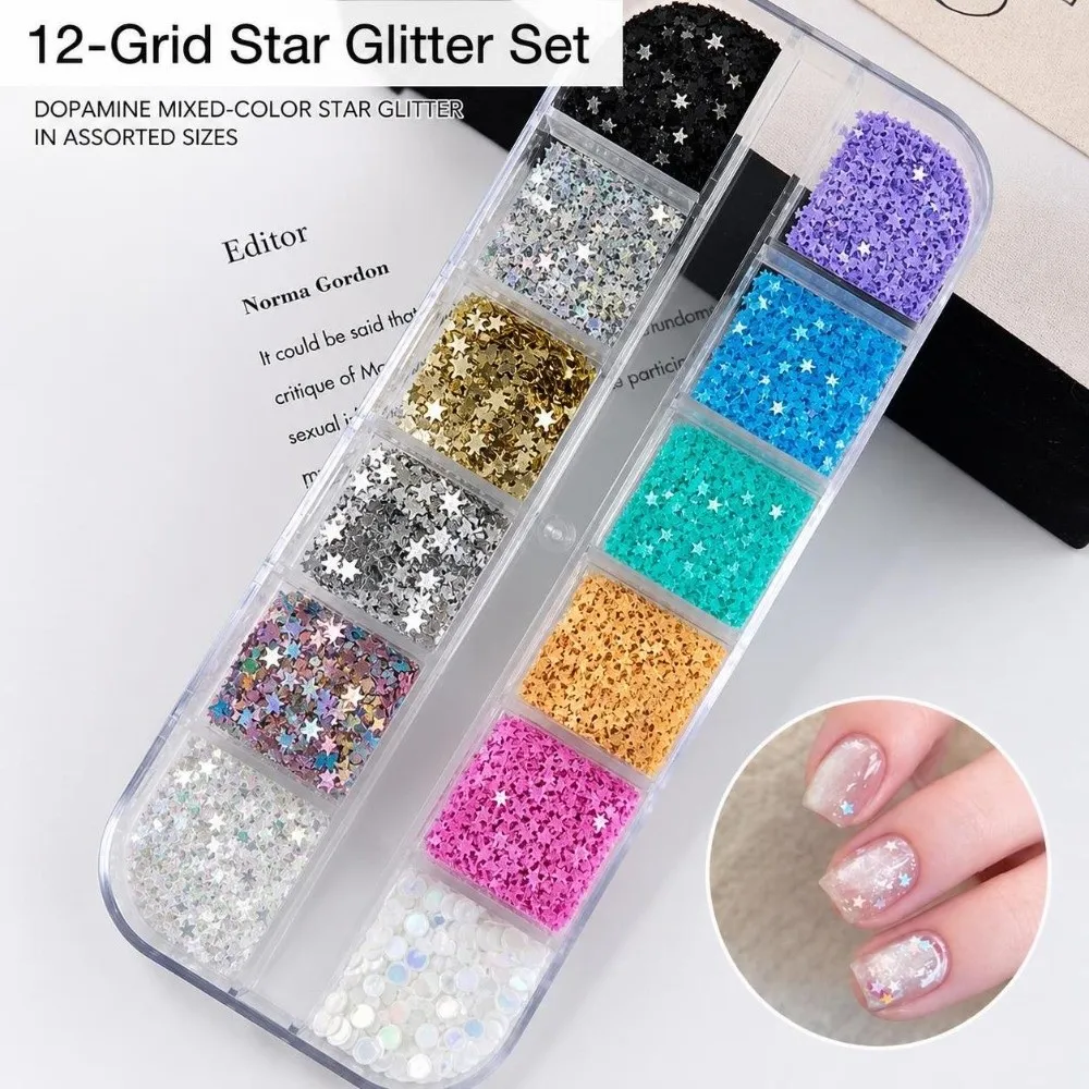 12 Grids Nail Art Sequins Kit Multicolor Polka Dots Nail Charms Decorations Star Mixed Shape DIY Nail Embellishments