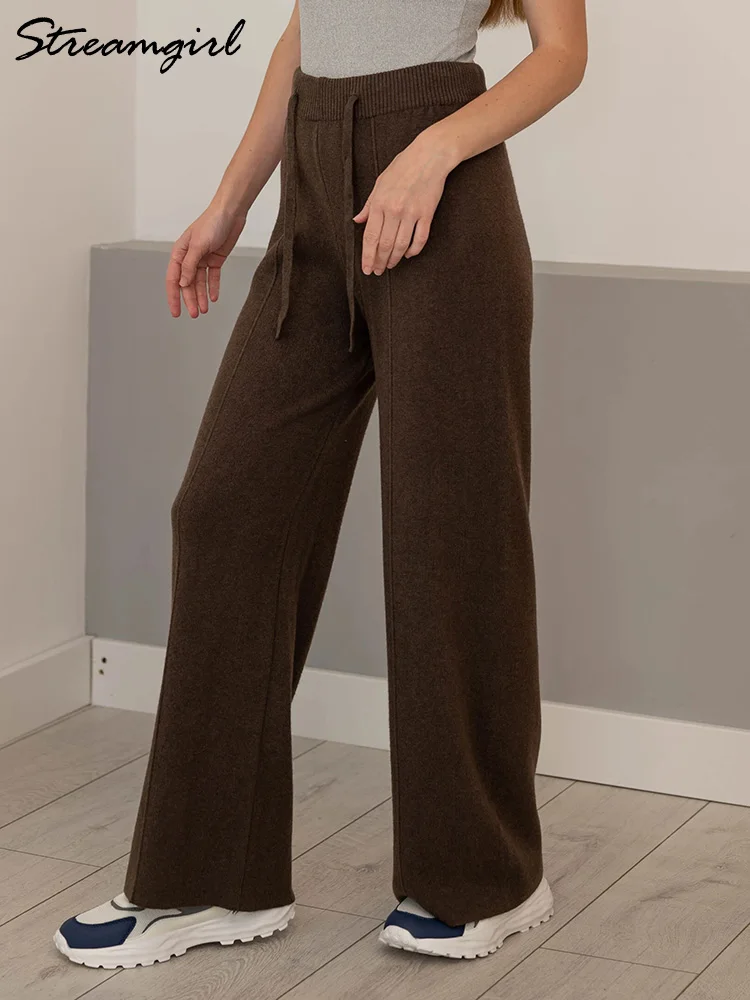 Streamgirl البني محبوك السراويل للنساء الشتاء الربيع عالية الخصر الأبيض مستقيم محبوك السراويل طويل القامة المرأة السراويل واسعة الساق