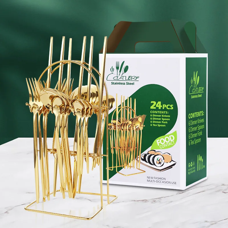 24 pcs Portuguese style tableware Stainless steel knife fork and spoon storage rack gift box gold cutlery set dinnerware set