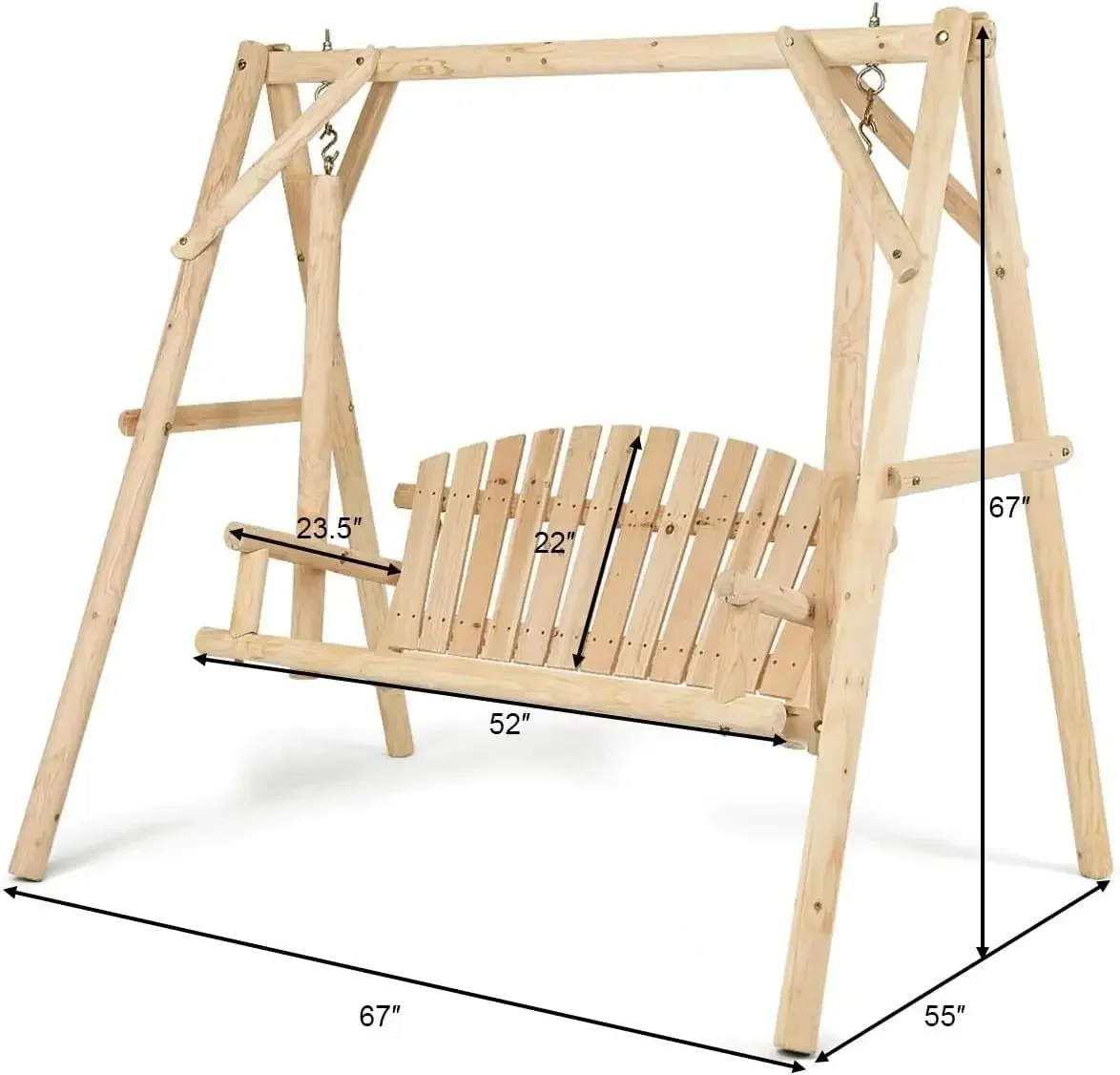 Porch Swing, Frame for 2 Person, Rustic Hardwood Swing Chair for Patio Garden Yard, 6.5' Wooden Swing Bench for Adult