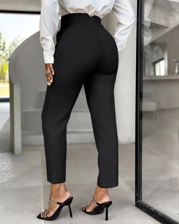 New Fashion 2024 Spring Summer Long Pants Women's Solid Color High Waist Pocket Design Pants Casual Style Temperament Commuting