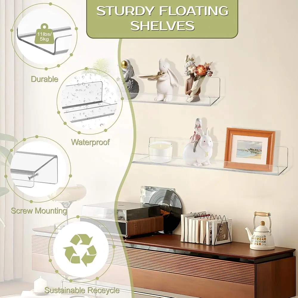 Acrylic Clear Shelves - 4 Pack, 15 Hes Wall Storage Organizer Floating Shelf For Bathroom, Bedroom, Kitchen Variety Room, High