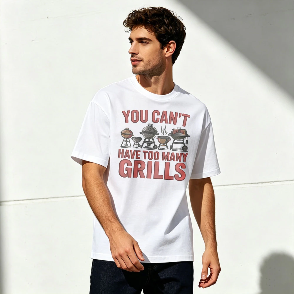 You Can’t Have Too Many Grills Multiple Grill Pattern Men Summer Cotton T Shirt Backyard Barbecue Hobby Graphic Short Sleeve