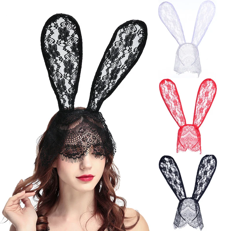 New Lace Masks Big Bunny Ears Black White Pink Headband Sexy Mask Prom Party Halloween Headwear