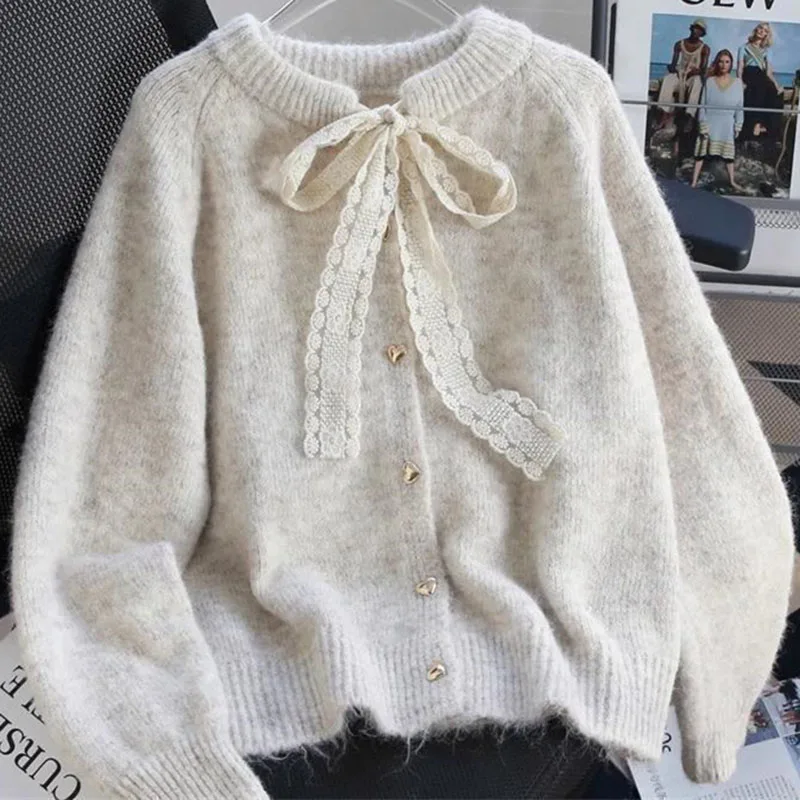 

Korean Women Long Sleeves Knitted Coat Spring Autumn Ladies Fashion Lace Tie Sweater Jacket 2025 Female Round Neck Knit Cardigan