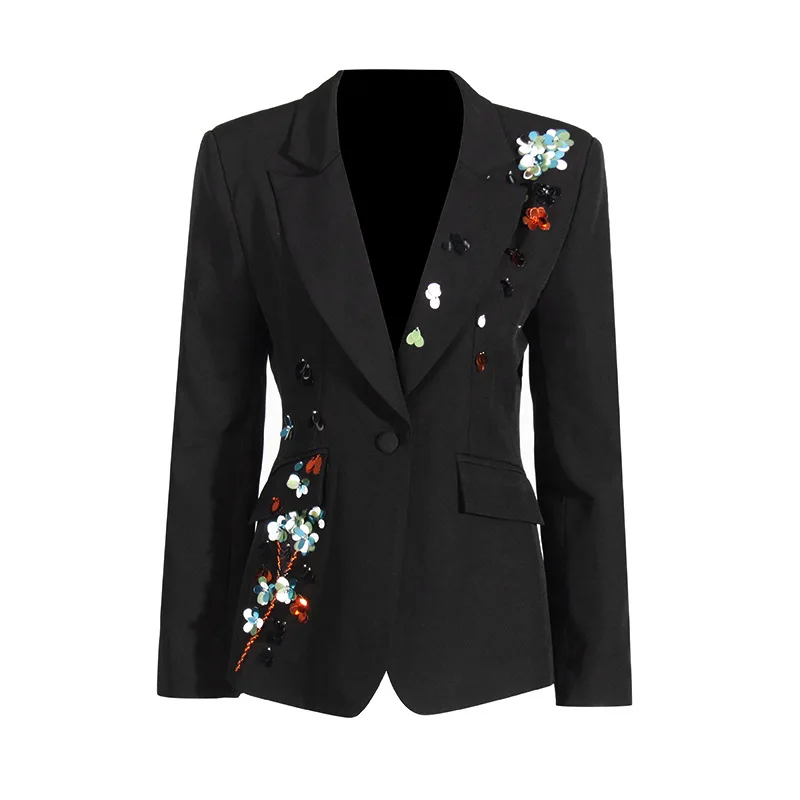

Women Beading Turn-Down Collar Long Sleeve Coat Black Lady's Coat