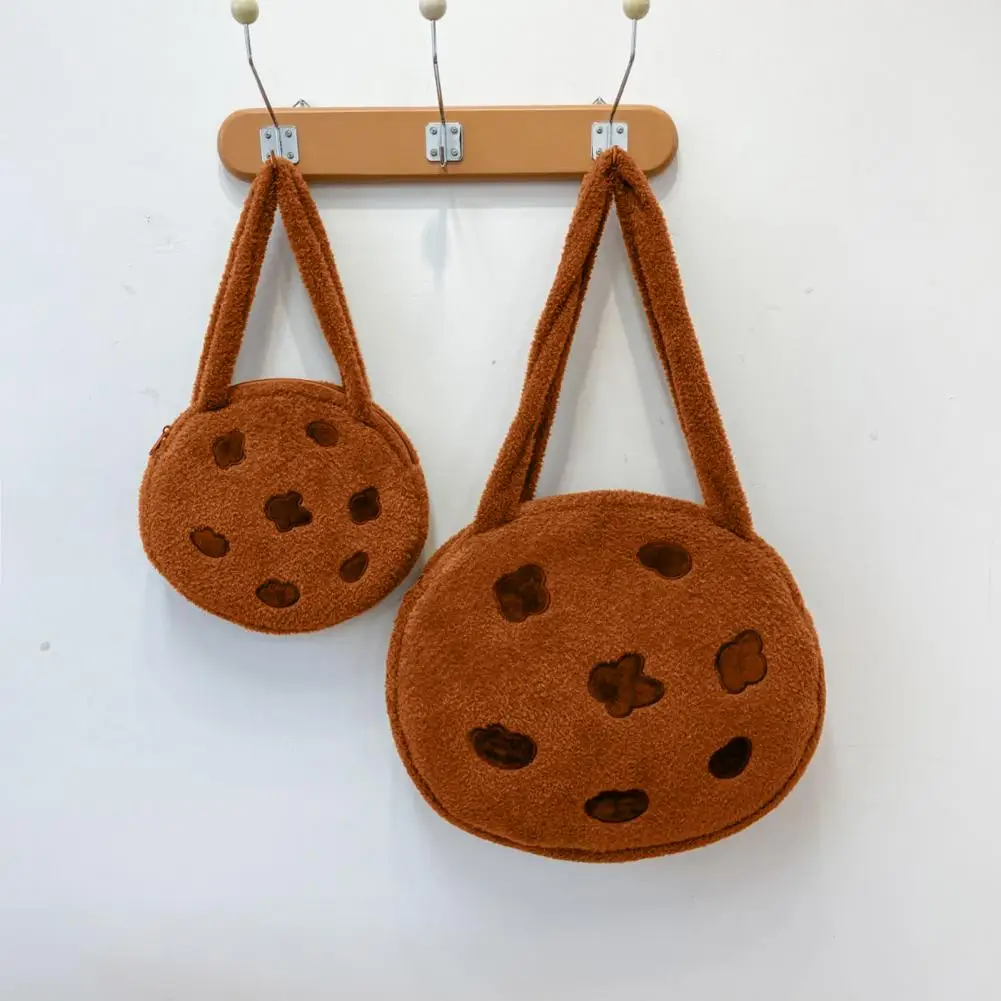 Chocolate Cookie Tote Fluffy Cookie Shoulder Bag Large Capacity Zippered Round Plush Handbag Women Handbag Brown Shoulder Bag