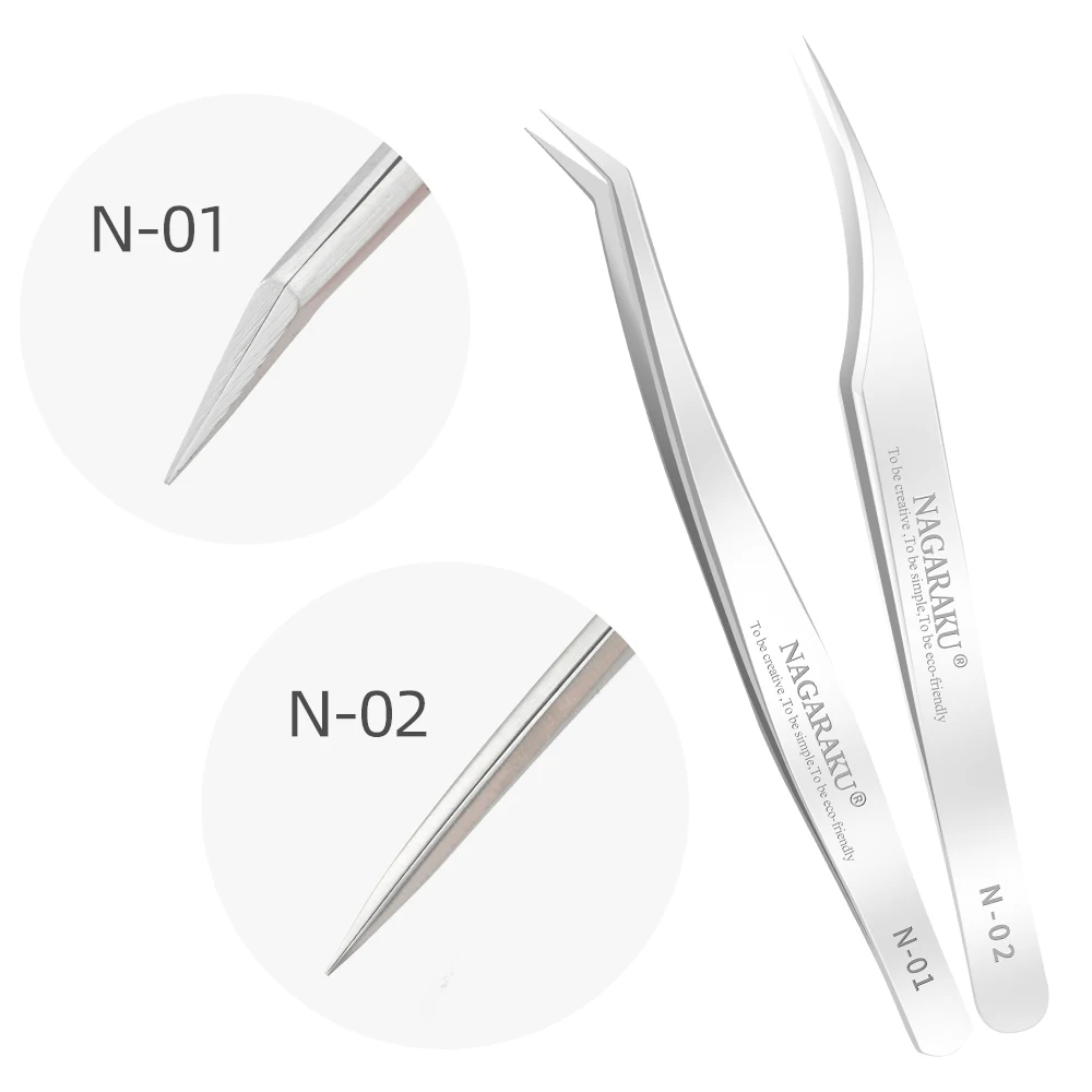 NAGARAKU 2pcs set for eyelash extension professional tweezers N-01 and N-02 for divide volume eyelash