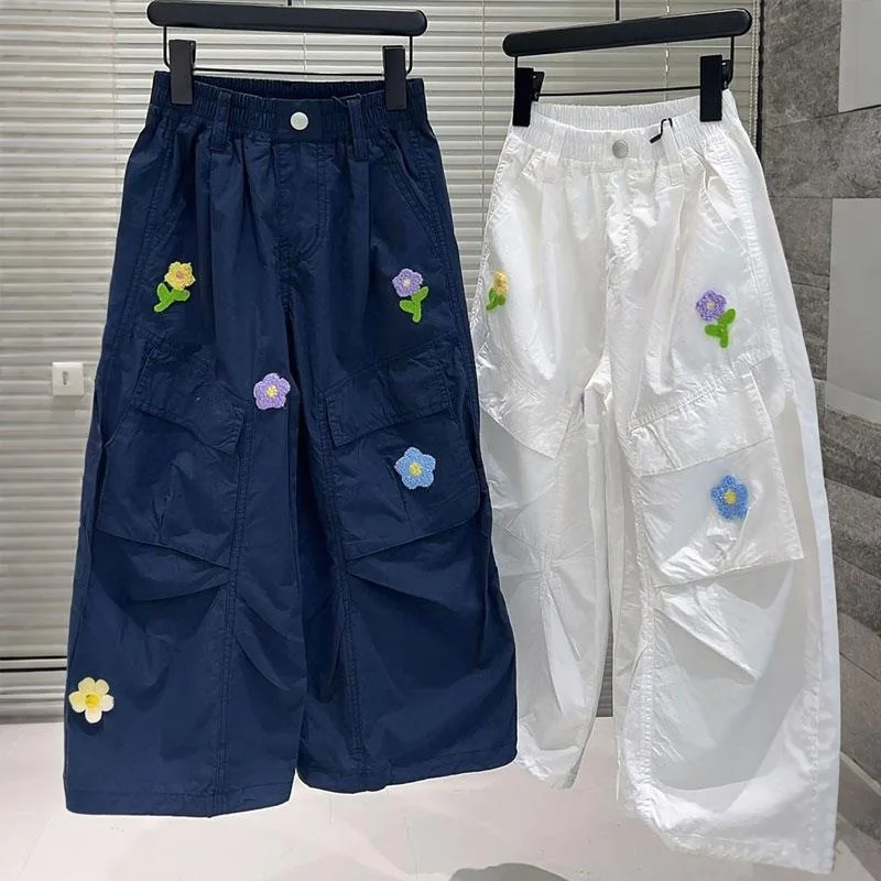 

Girls Pants Children Work Pants Summer Clothes 2025 New Thin Stylish Children Flower Wide Leg Pants Trendy